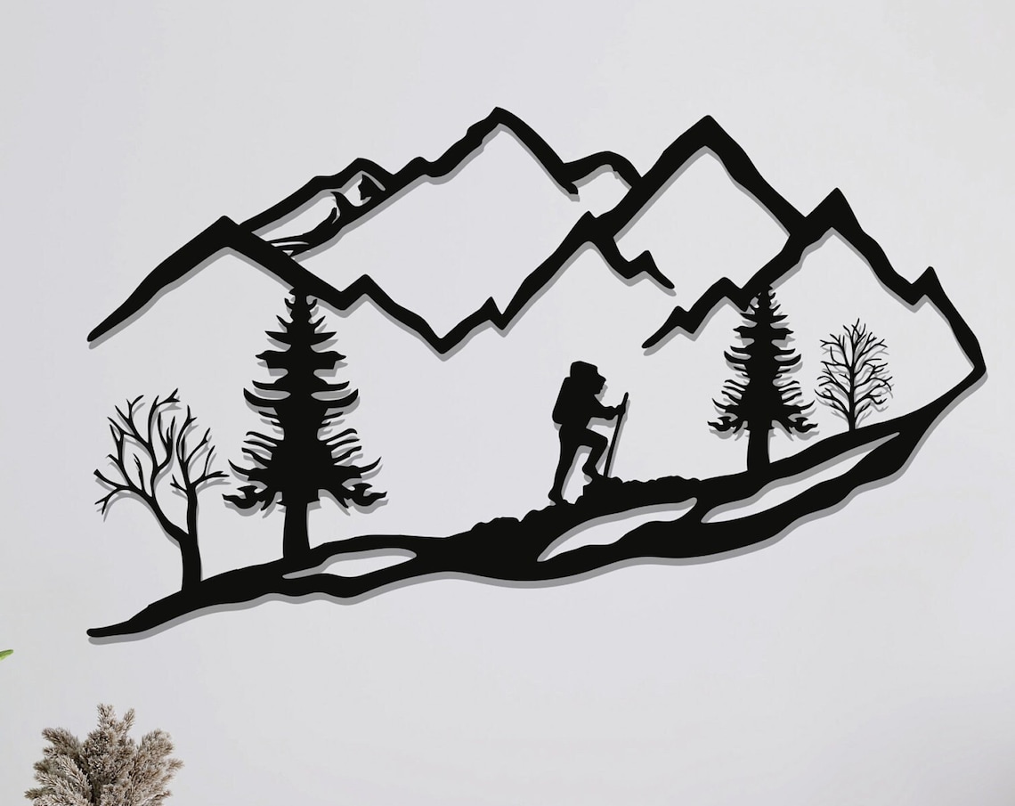Mountain Hiker Silhouette Metal Wall Art Alpine Trekking Scene Wall Decor