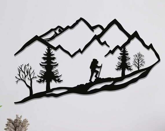Mountain Hiker Silhouette Metal Wall Art Alpine Trekking Scene Wall Decor