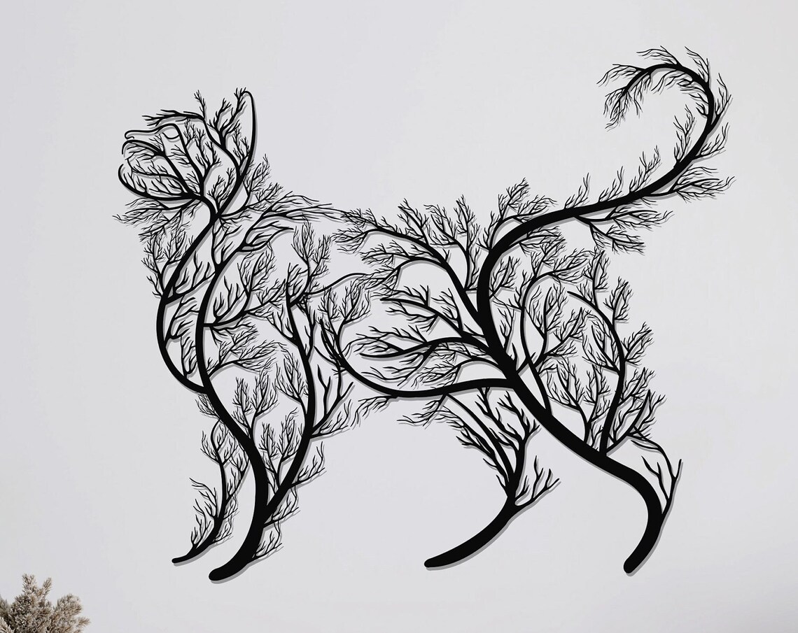 Sitting Cat Tree Branches Metal Wall Art Black Cat Silhouette Wall Decor
