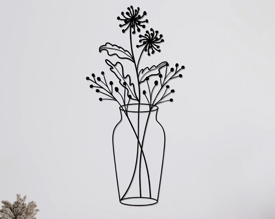 Minimalist Flower Vase Line Metal Wall Art Thin Line Floral Wall Decor