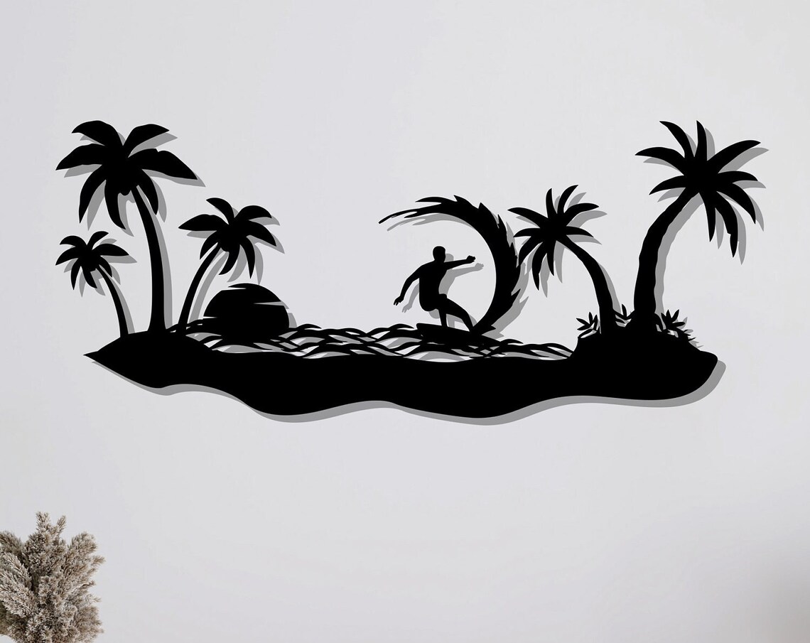 Surfer Riding Wave Palm Trees Sunset Black Metal Beach Silhouette Art