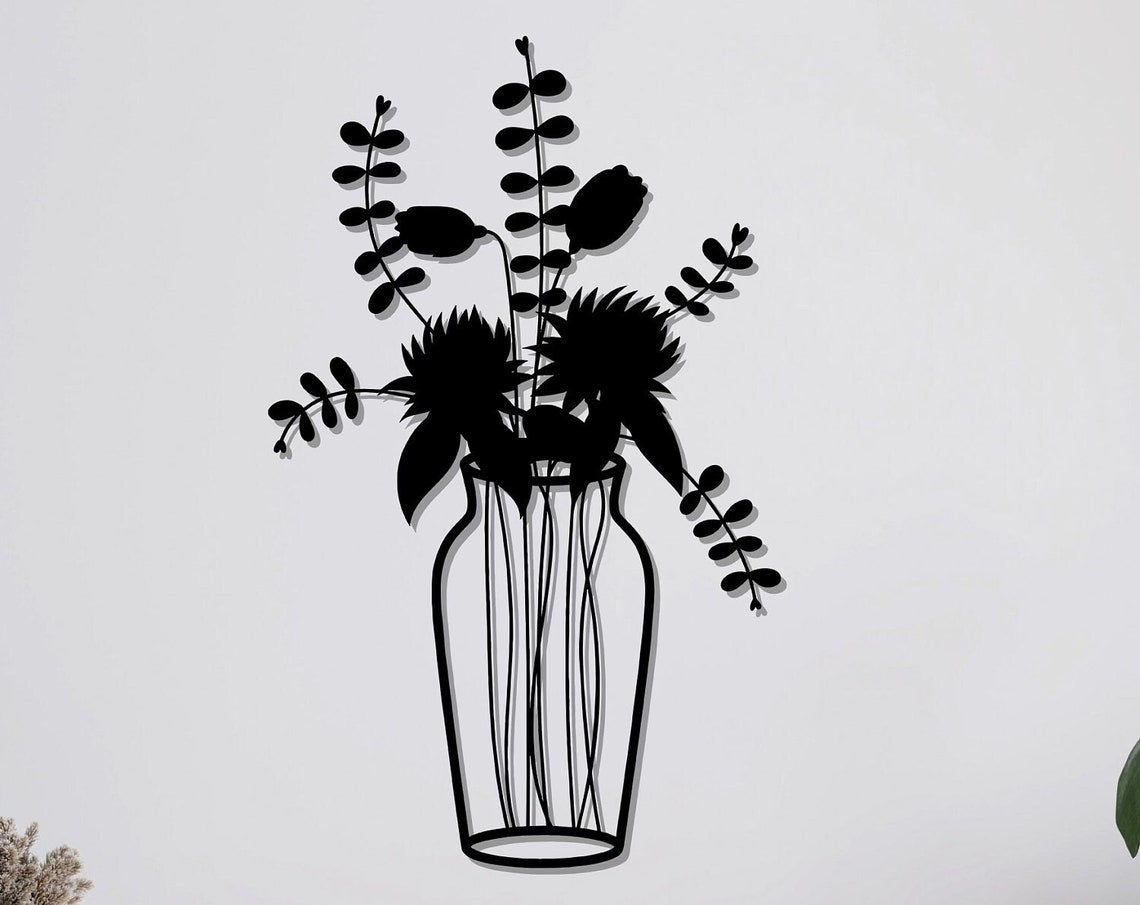 Thistle Eucalyptus Bouquet Metal Wall Art Floral Vase Silhouette Decor
