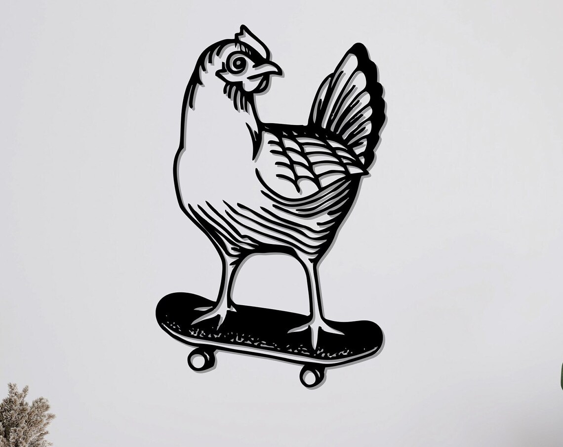 Chicken Riding Skateboard Funny Black Metal Silhouette Quirky Wall Art