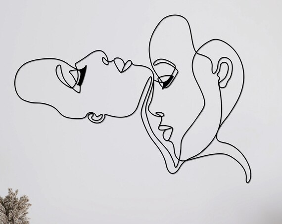 Two Women Faces Kiss Line Metal Wall Art Minimalist Line Wall Decor