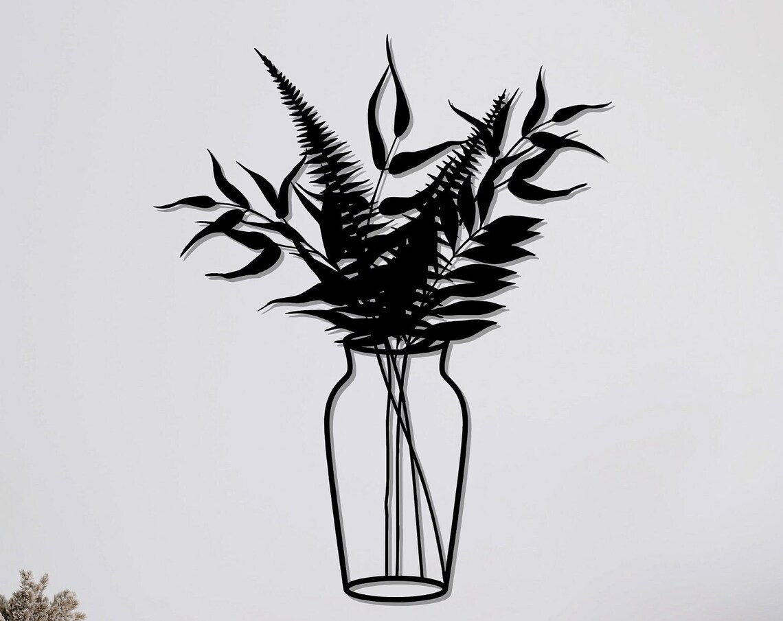 Fern Foliage Bouquet Metal Wall Art Leafy Vase Silhouette Wall Decor