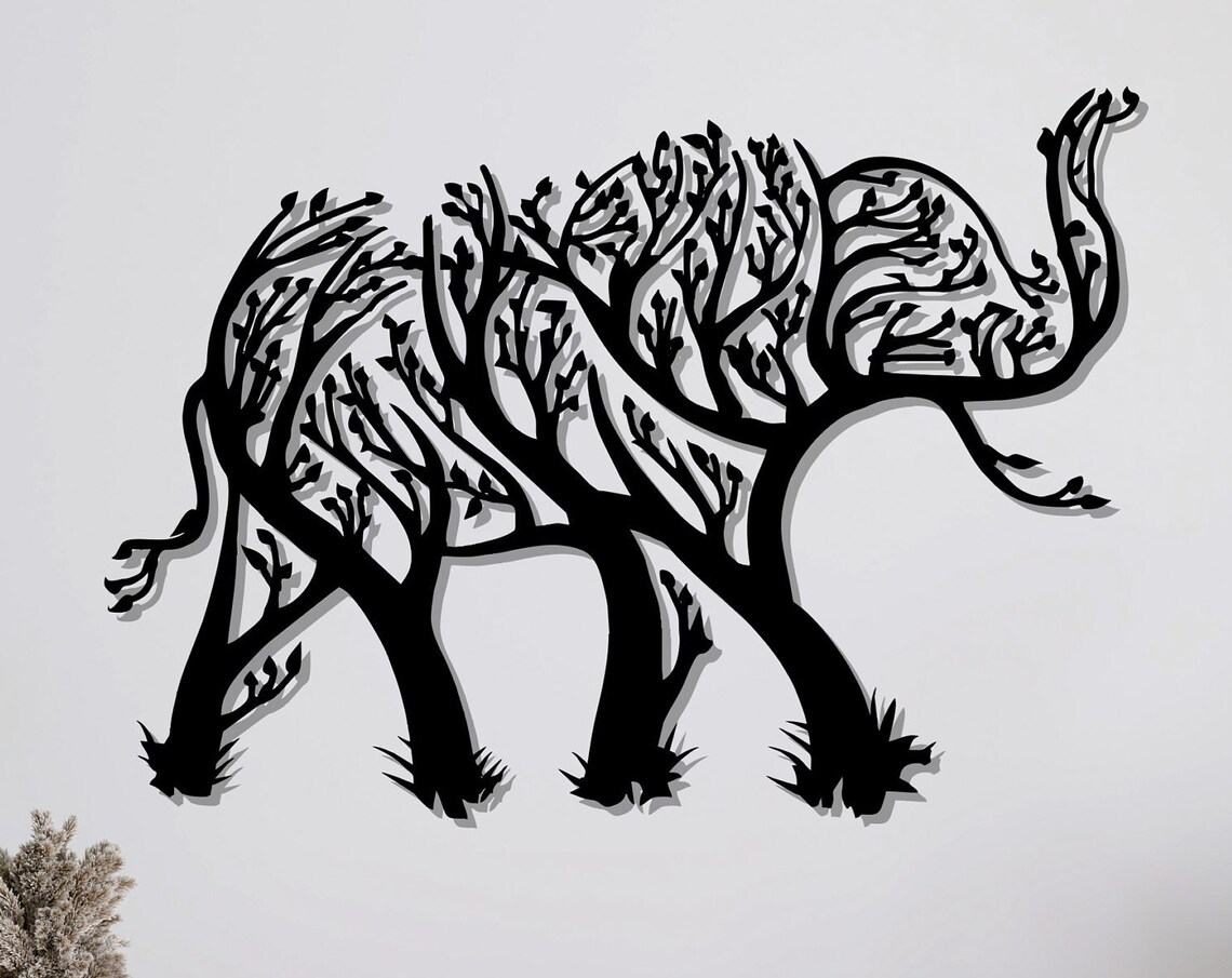 Elephant Tree Branches Metal Wall Art Black Elephant Silhouette Wall Decor