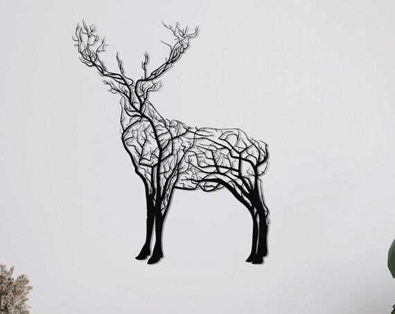 Stag Deer Tree Branches Metal Wall Art Black Deer Antlers Wall Decor