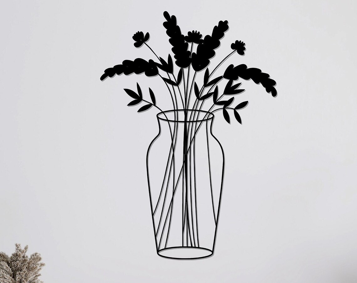 Lavender Sprigs Metal Wall Art Floral Vase Line Silhouette Wall Decor