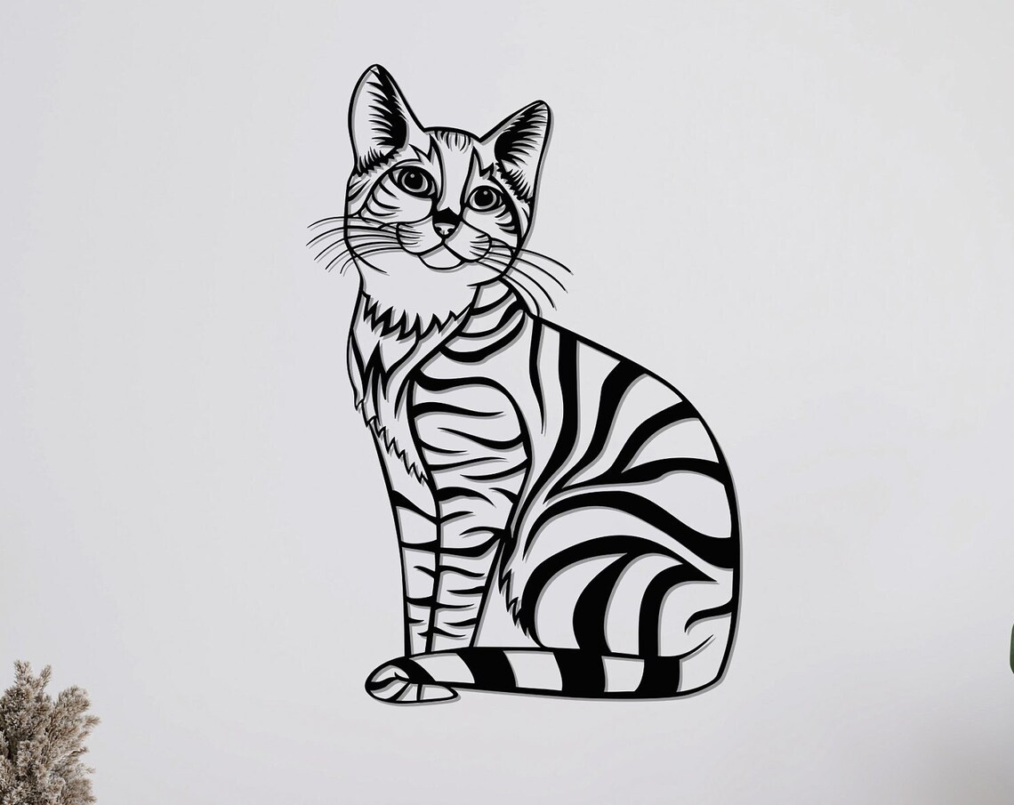 Black Metal Tabby Cat Silhouette Cutout Cat Lover Gift Wall Art Decor