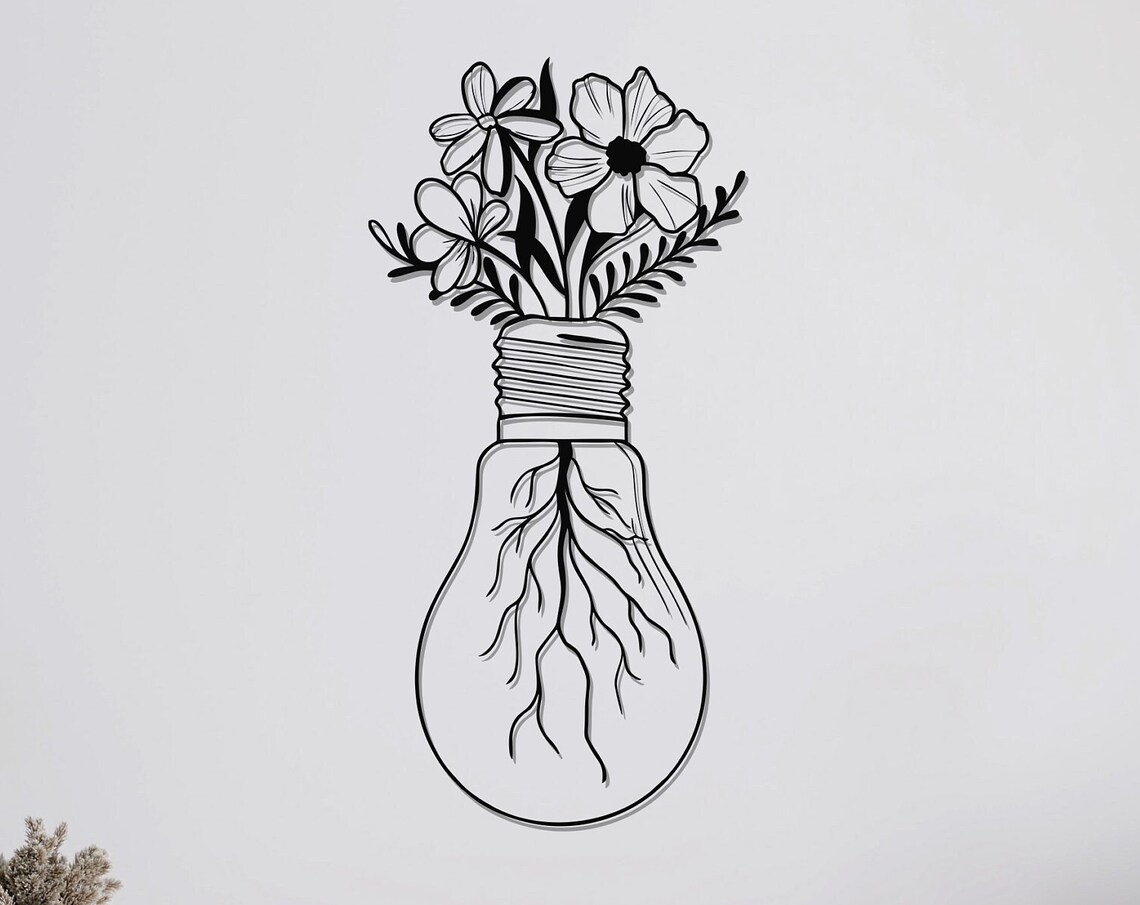 Lightbulb Flower Vase Roots Creative Black Metal Line Art Wall Decor