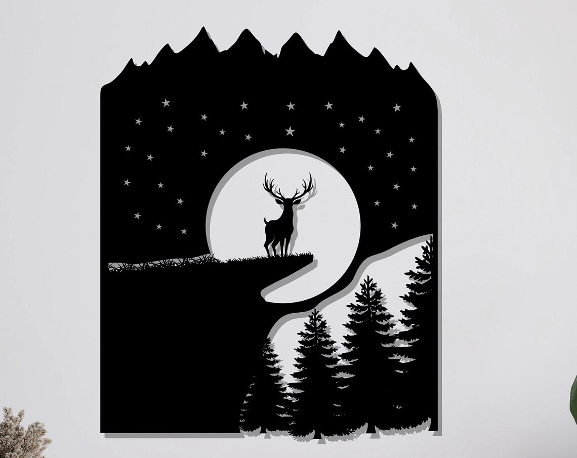 Deer Stag Full Moon Stars Pines Night Black Metal Wildlife Wall Art