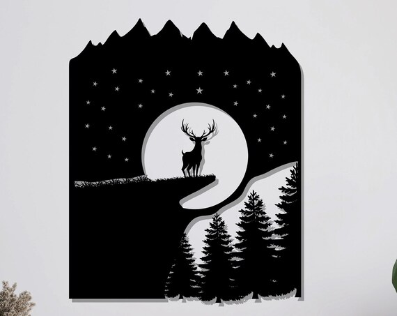 Deer Stag Full Moon Stars Pines Night Black Metal Wildlife Wall Art