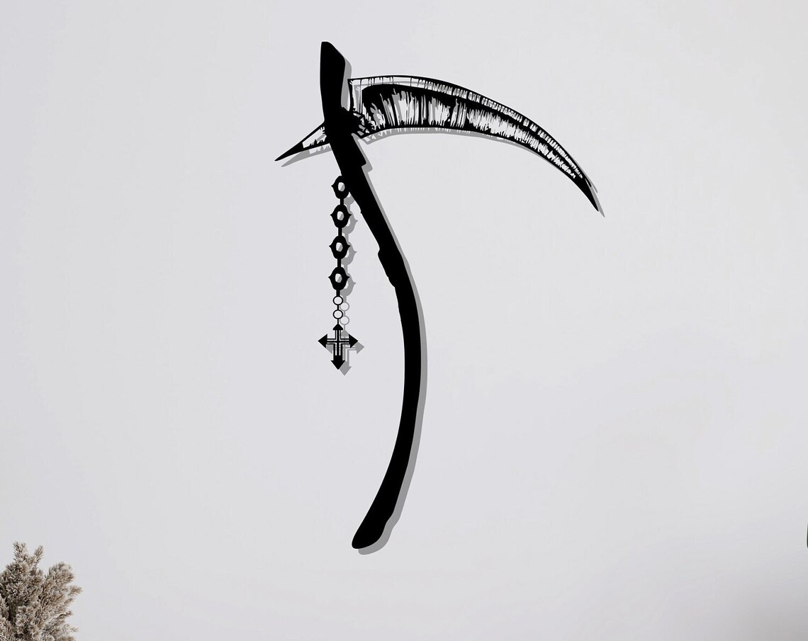 Grim Reaper Scythe Chain Cross Gothic Black Metal Dark Wall Art