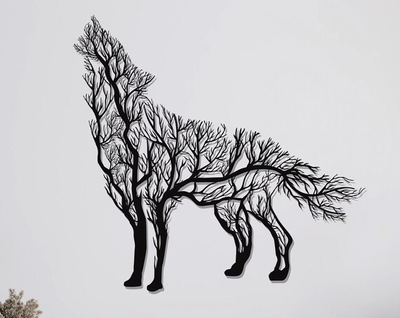 Howling Wolf Tree Branches Metal Wall Art Black Wolf Silhouette Wall Decor