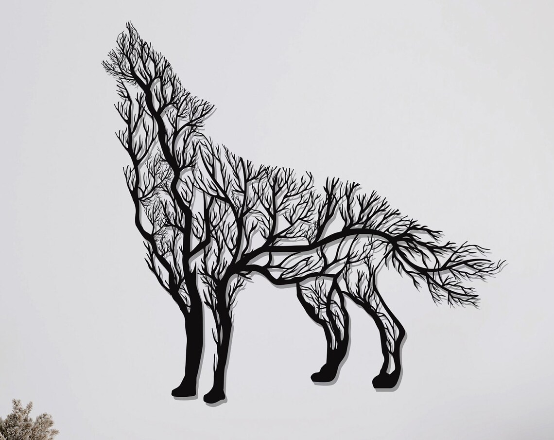 Howling Wolf Tree Branches Metal Wall Art Black Wolf Silhouette Wall Decor