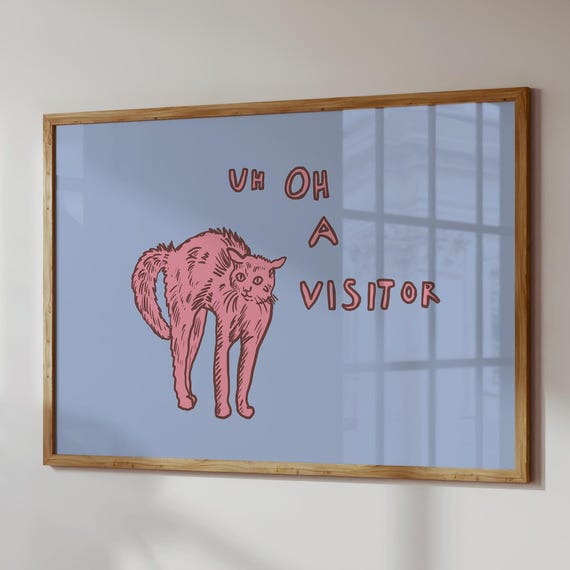 Funny Cat Print Uh Oh A Visitor Trendy Entryway Decor Quirky Art Digital Download Horizontal