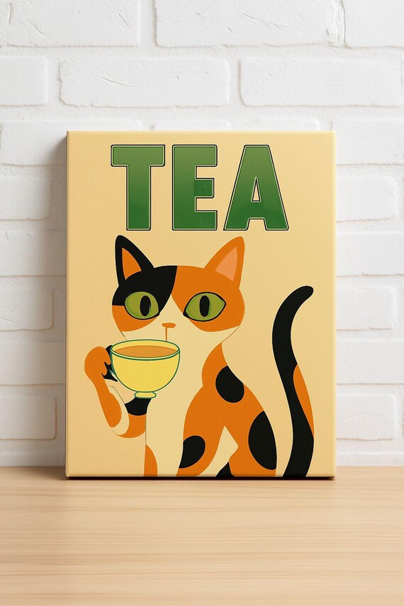 Tea Time Calico Cat Teacup Cute Vintage Kitchen Typography Poster