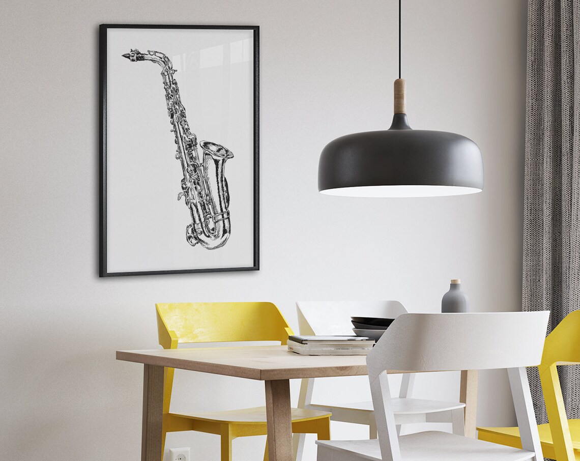 Saxophone Black And White Ink Sketch Jazz Instrument Minimalist Poster