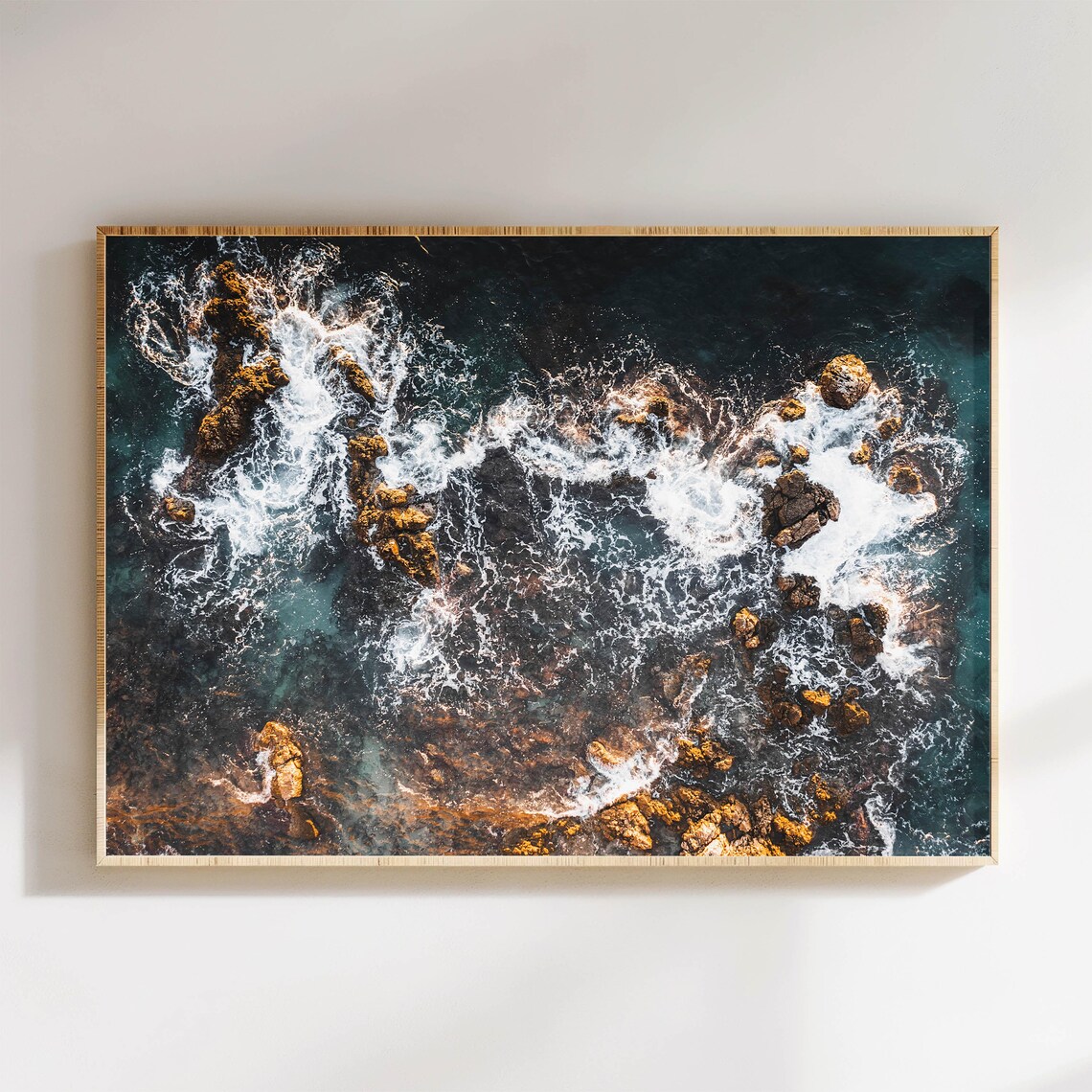 Abstract Aerial Ocean Waves Breaking Over Dark Coastal Rocks Poster