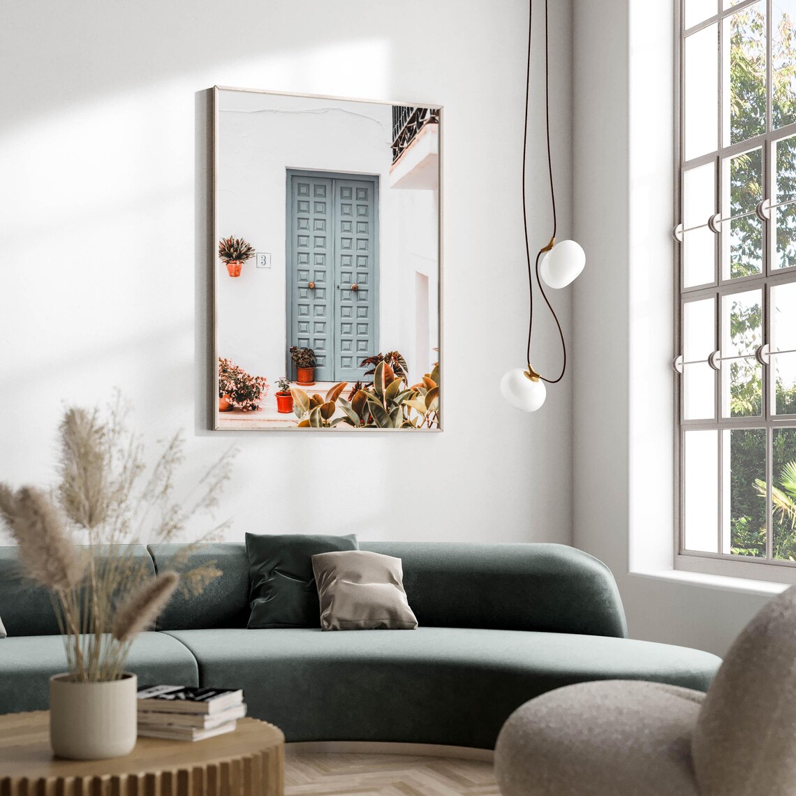 Blue Wooden Door White Wall Potted Plants Mediterranean Street Poster - Image 2