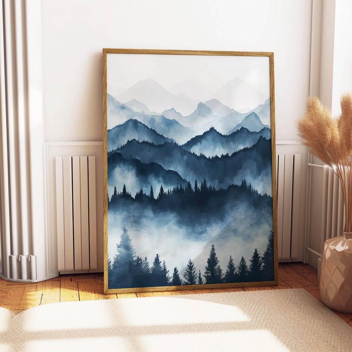 Navy Blue Layered Mountain Watercolor Misty Peaks Modern Wall Poster - Image 5