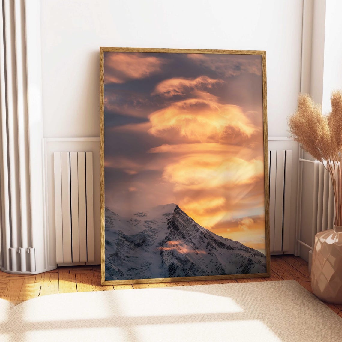 Lenticular Clouds Over a Snowy Peak at Golden Sunset Sky Poster - Image 4