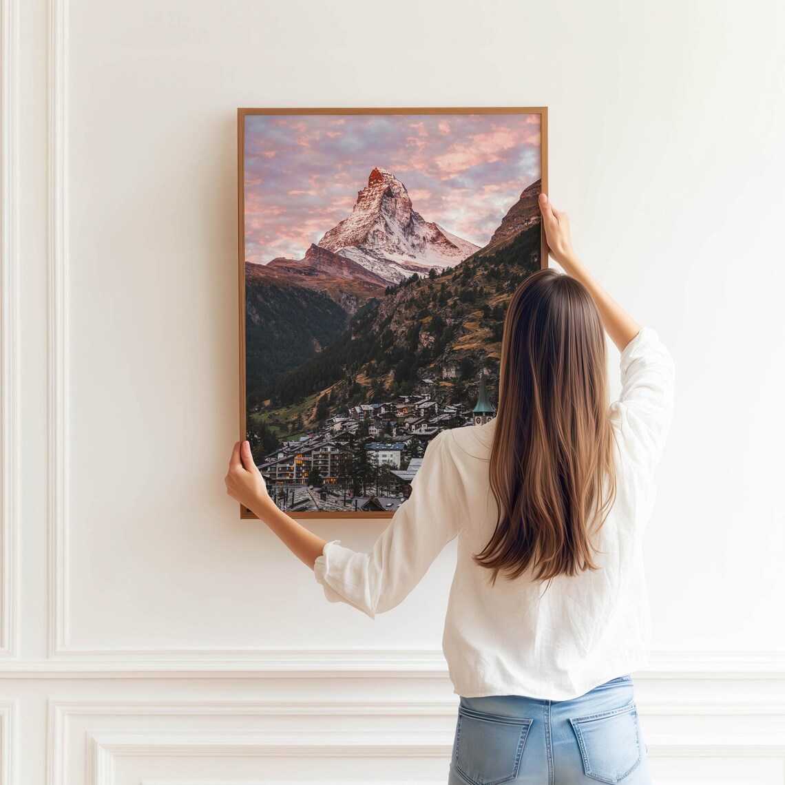 Matterhorn Pink Sunset Sky Over Zermatt Church Spire Village Poster - Image 3