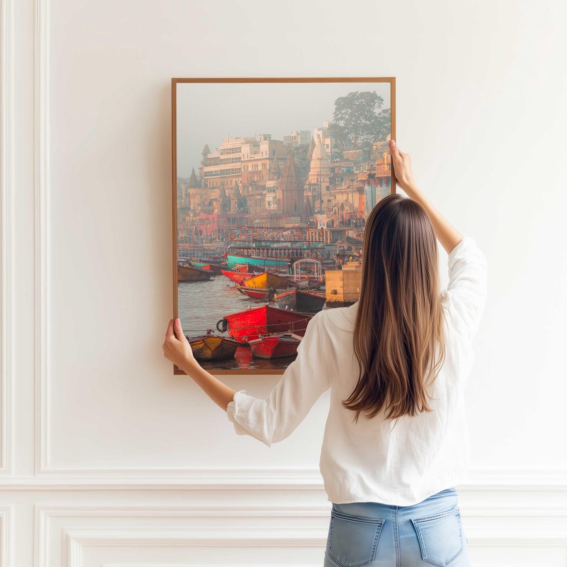 Colorful Boats and Temples on the Varanasi Riverfront Poster - Image 3