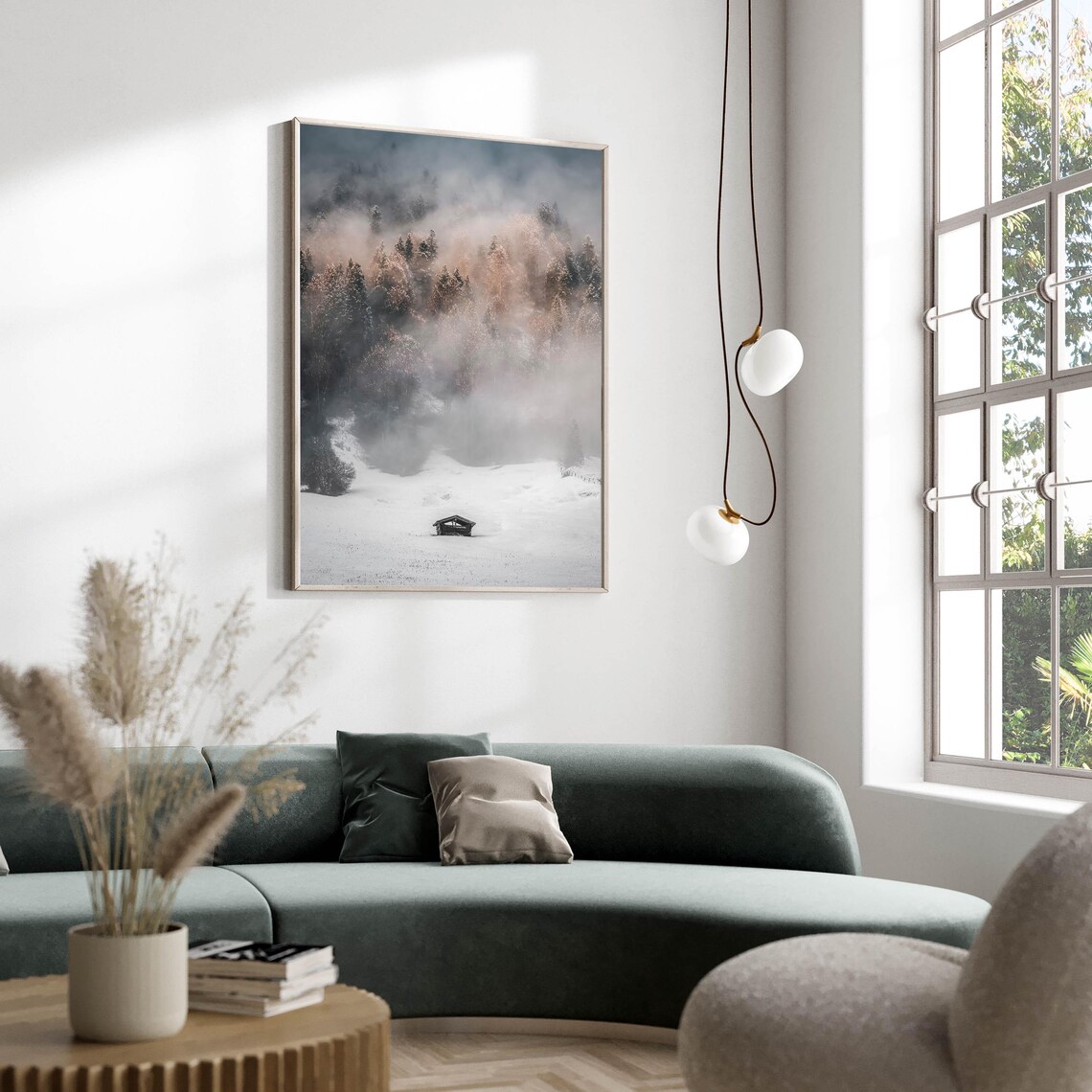 Misty Snowy Forest with Hidden Cabin Winter Photography Poster - Image 2