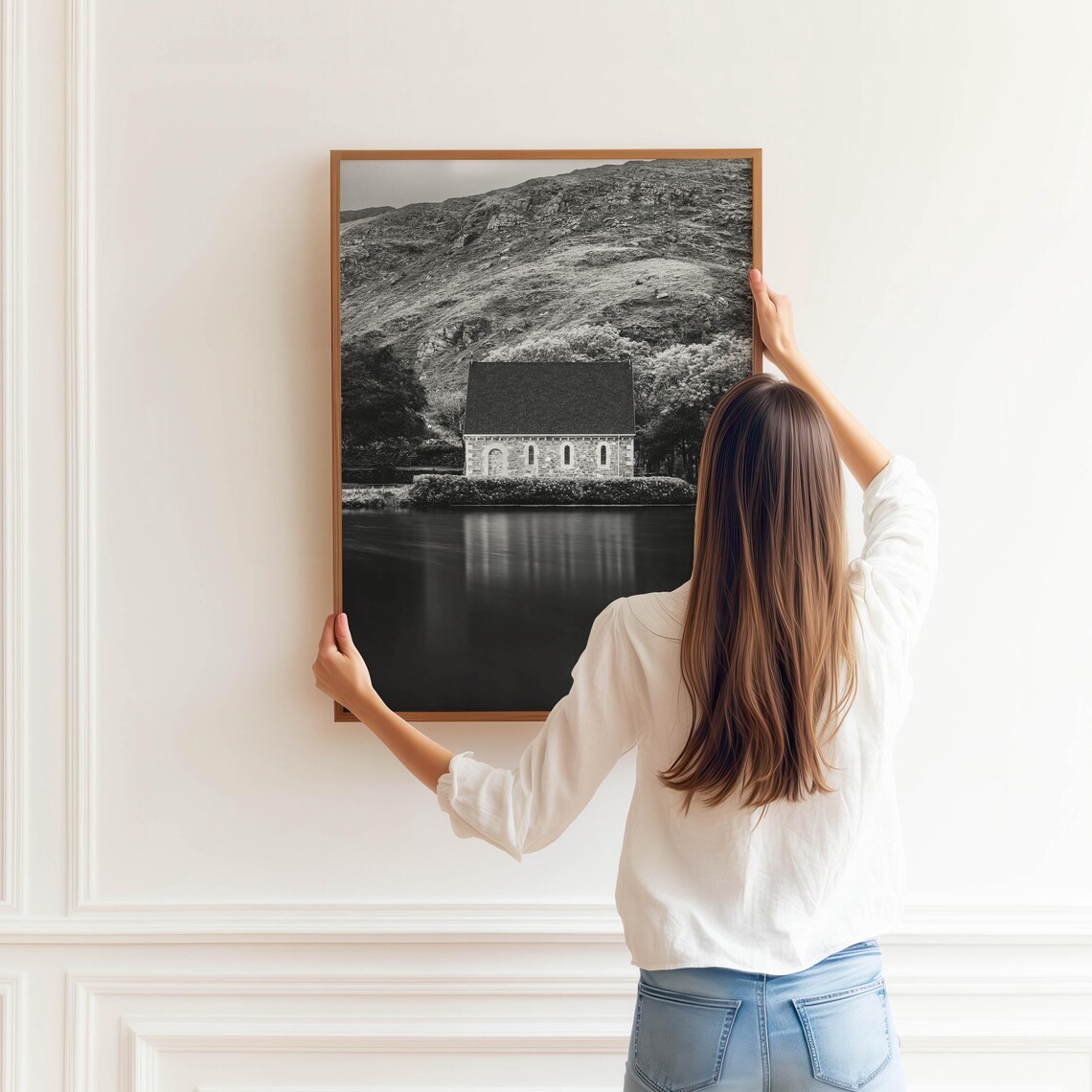 Black and White Stone Church by a Still Lake Photo Art Poster - Image 3