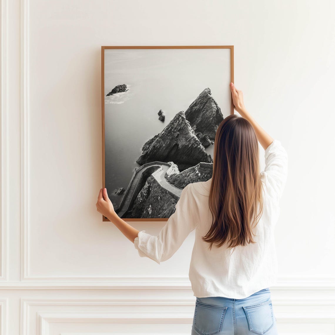Black and White Sea Stacks with Coastal Path Ocean Photo Poster - Image 3