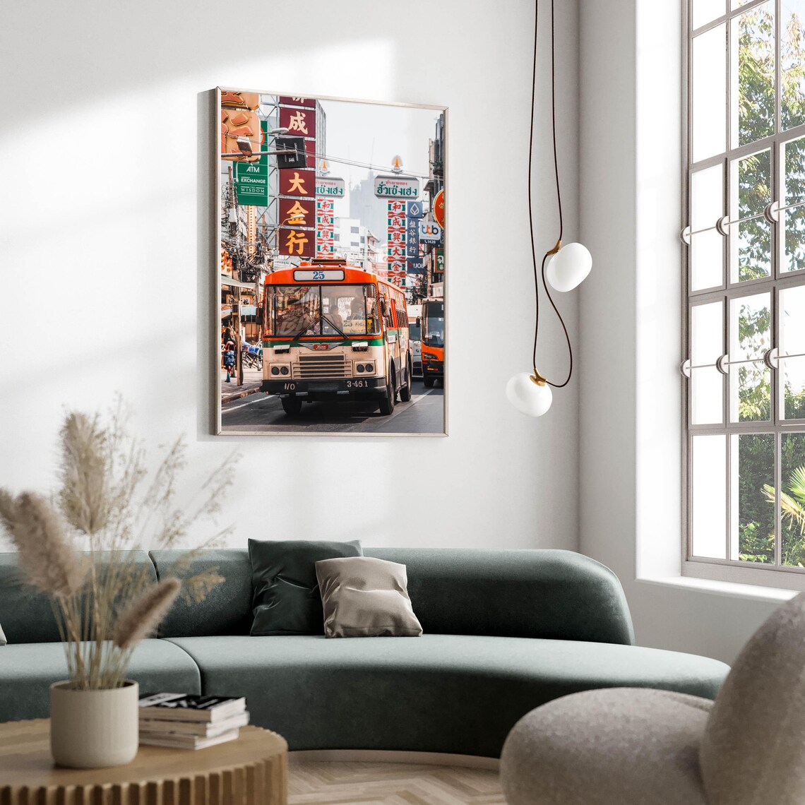 Bangkok Yaowarat Chinatown Vintage Orange Bus Street Scene Poster - Image 3