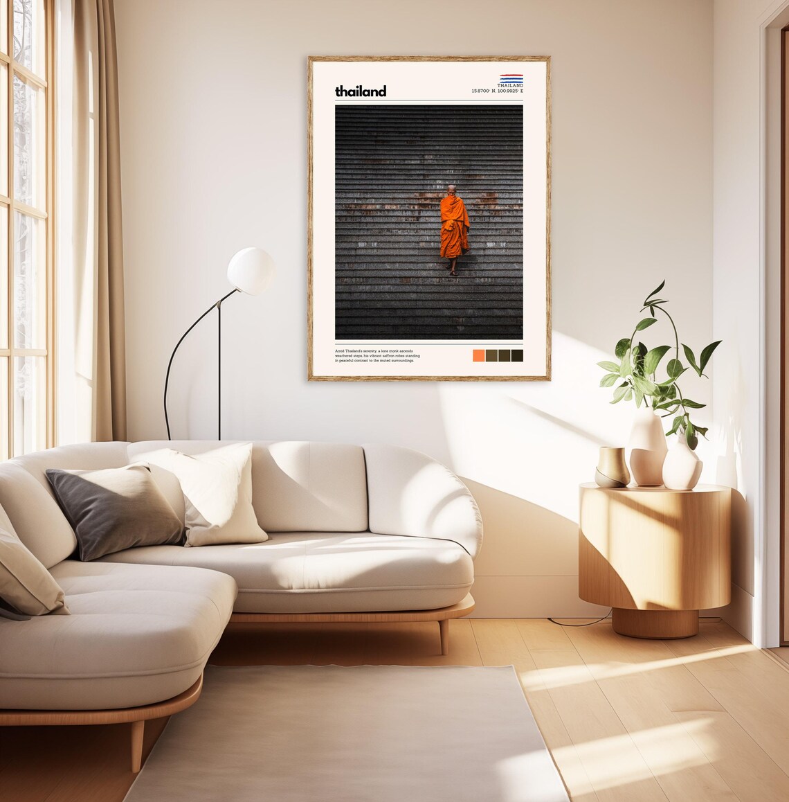 Thailand Lone Monk Saffron Robes Ascending Weathered Steps Poster - Image 2