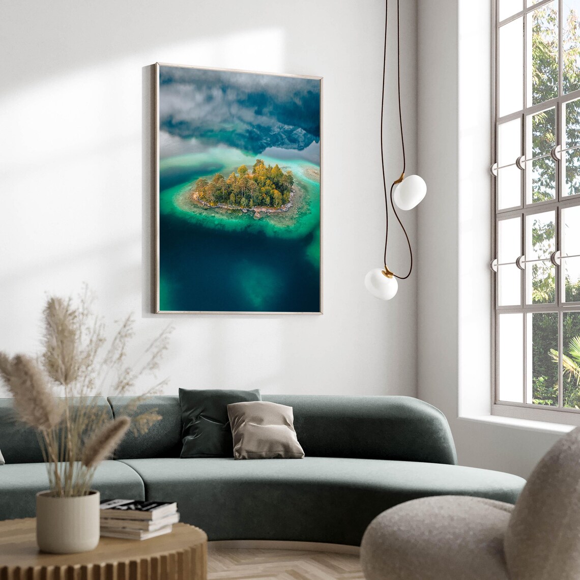Aerial View of Tiny Forest Island in Turquoise Alpine Lake Poster - Image 2