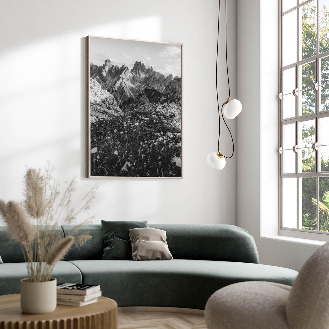 Black and White Jagged Mountain Peaks Meadow Wildflowers Poster - Image 2