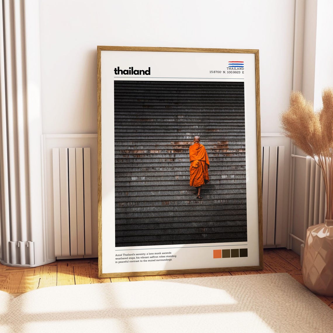 Thailand Lone Monk Saffron Robes Ascending Weathered Steps Poster - Image 3