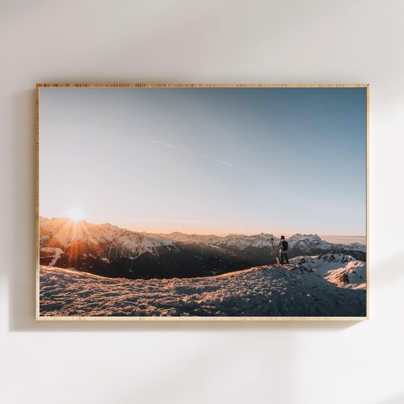 Verbier Sunset Skier Snowy Ridge Panoramic Alpine Peaks Winter Poster