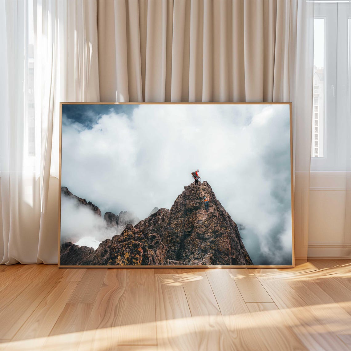 Two Climbers Reaching a Rocky Summit High in the Clouds Poster - Image 4