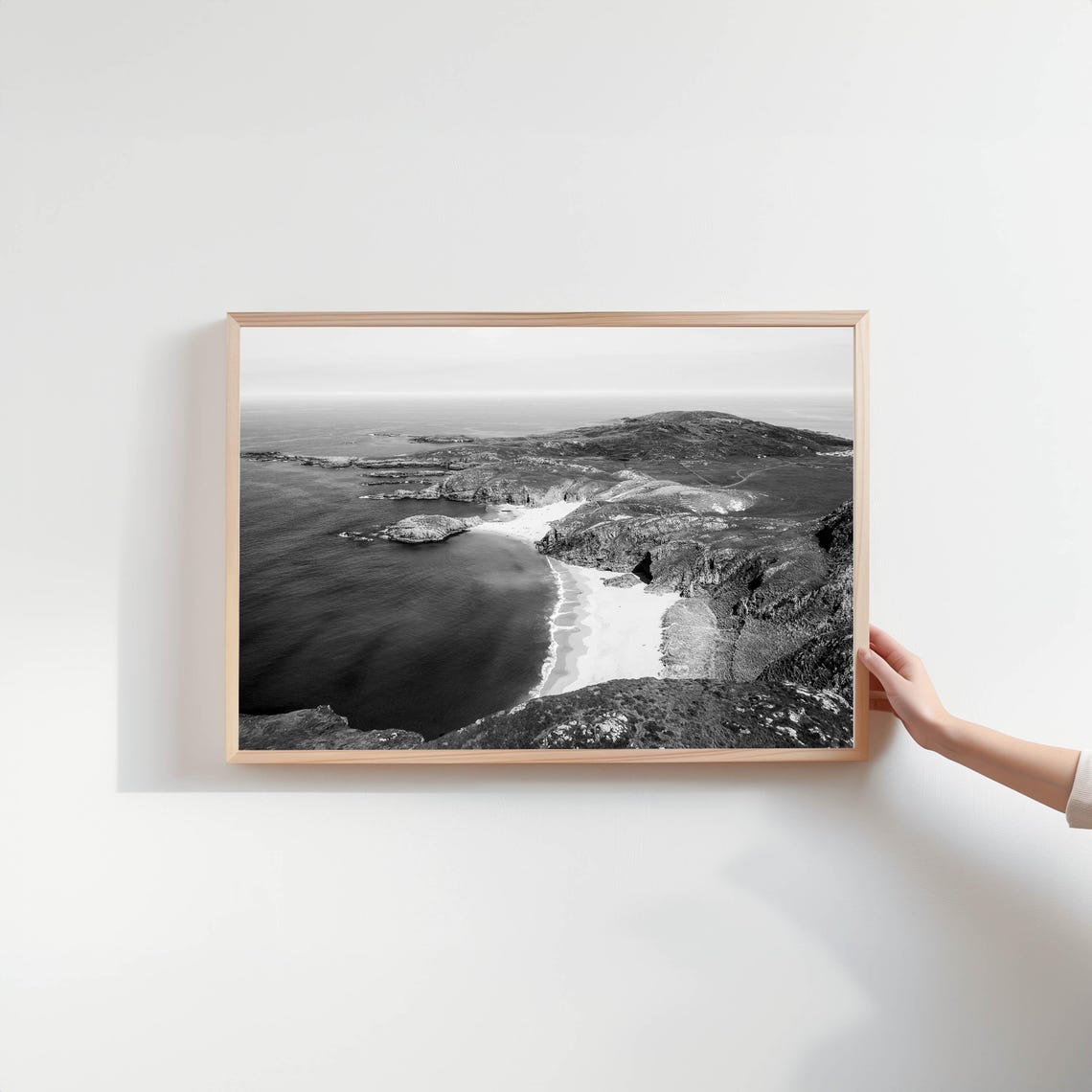 Aerial Black and White Coastal Bay with White Sand Beach Poster - Image 2