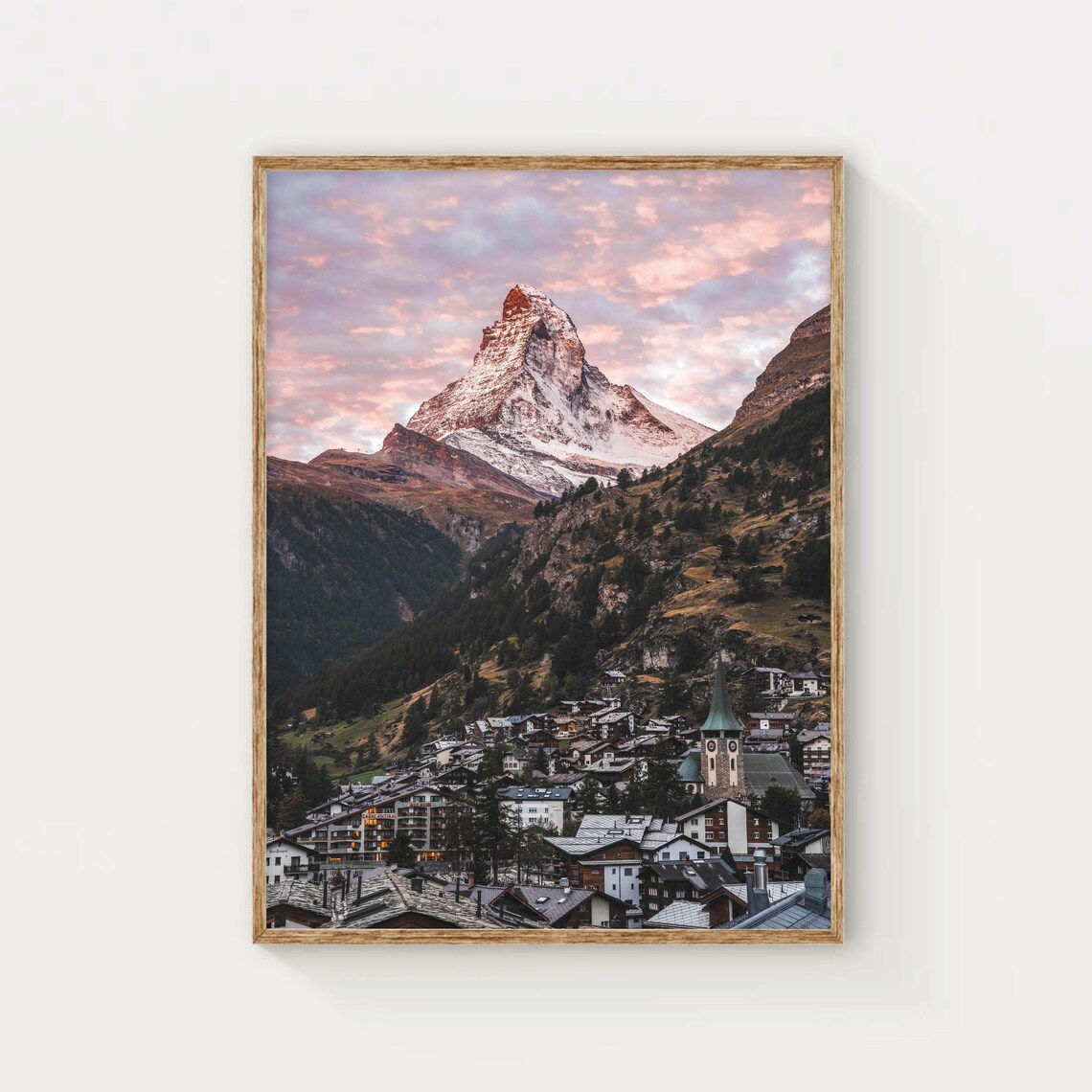 Matterhorn Pink Sunset Sky Over Zermatt Church Spire Village Poster