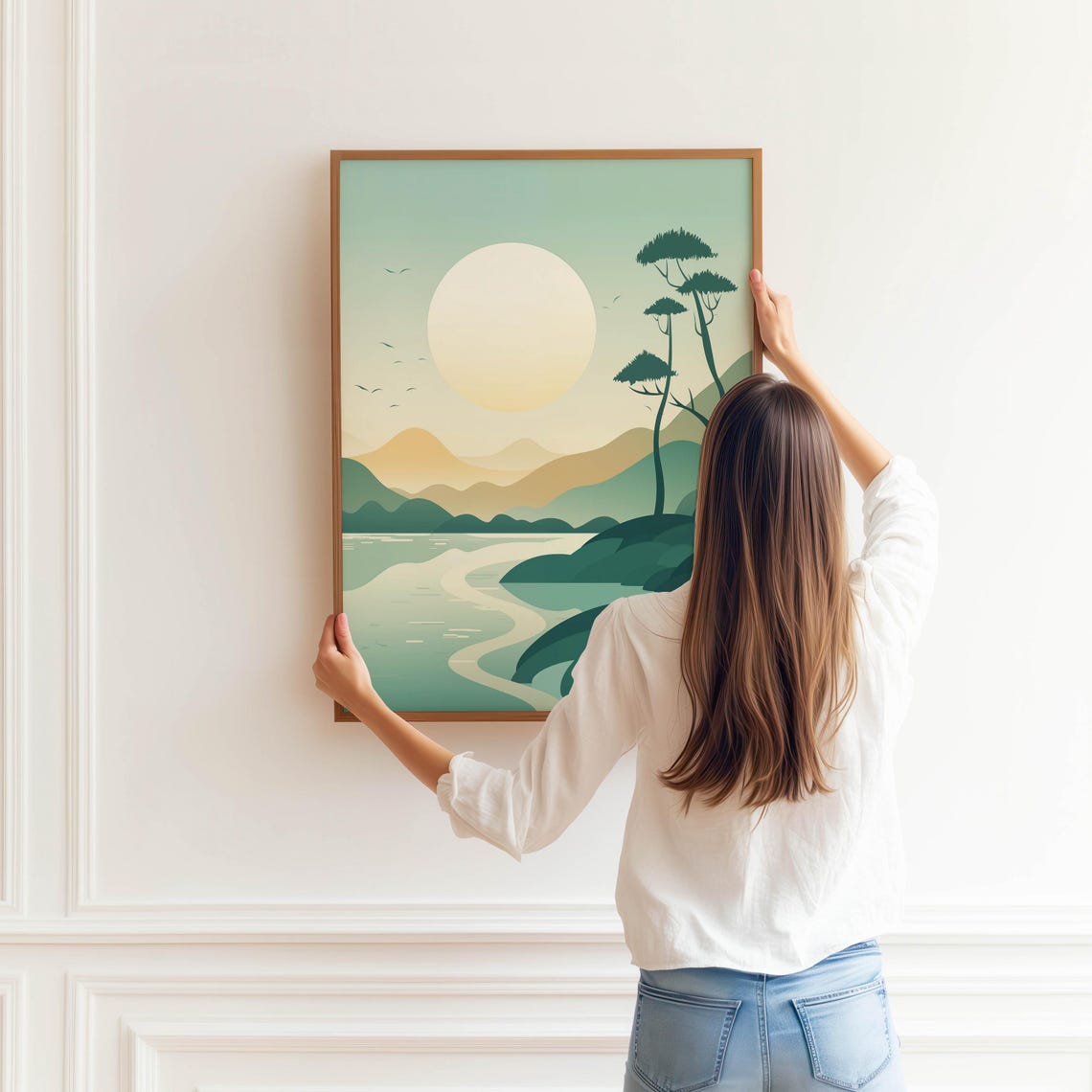 Minimalist Japanese Lake Sunset Mountains Trees Landscape Art Poster - Image 3