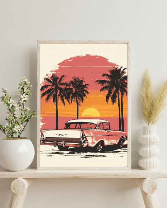 Vintage Poster Retro Style Travel State Muscle Car Sunset Cali