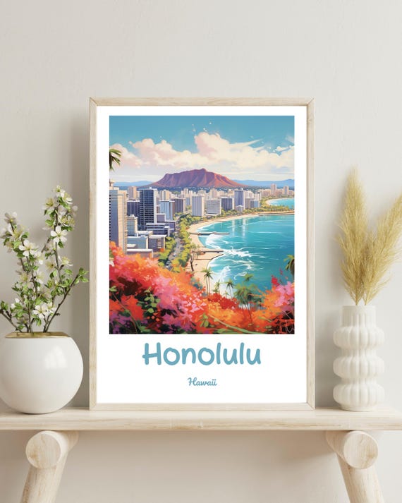 Honolulu Poster Hawaii Print Honolulu Travel Poster Hawaii Gift Art Hawaii Traditional Travel Print Hawaii Travel Art Wedding Gift