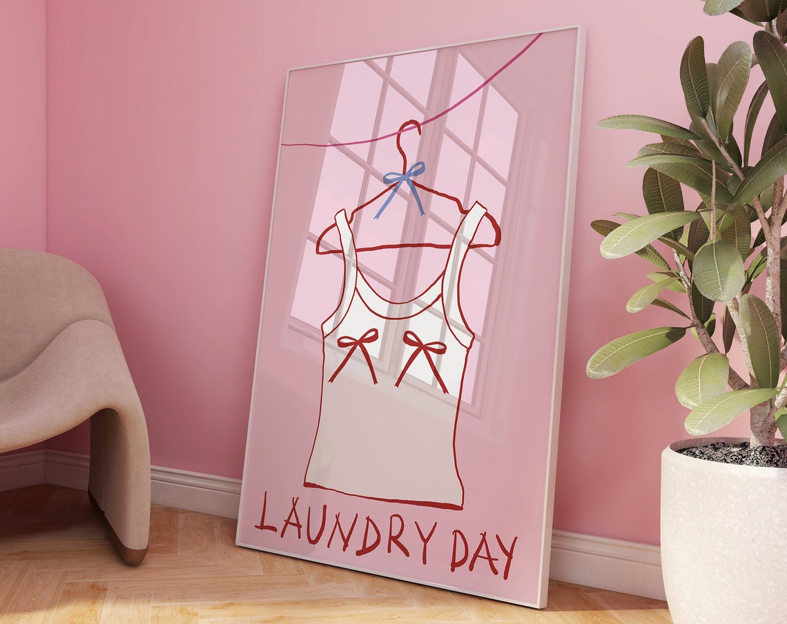 Pink Laundry Day Camisole Hanger Red Bows Illustration Poster - Image 2