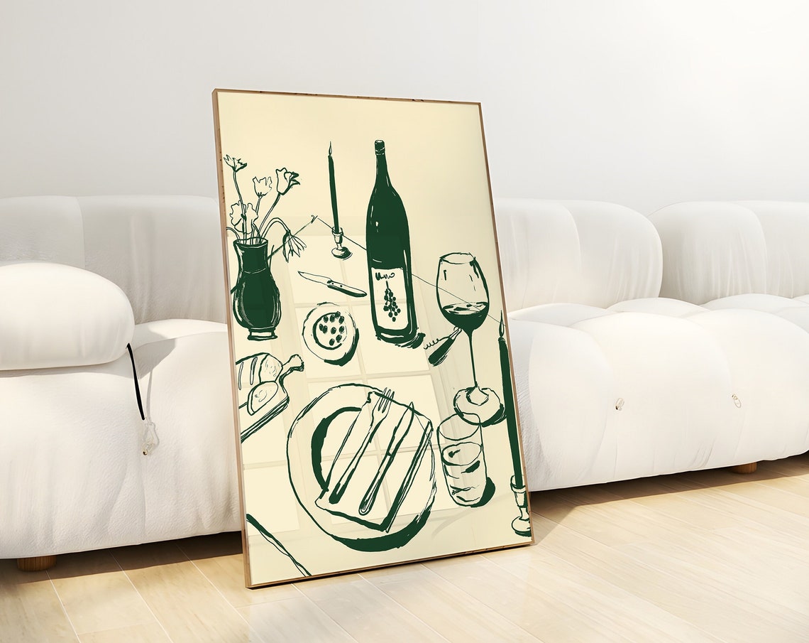 Green Ink Italian Table Setting Vino Bottle Rustic Wine Art Poster - Image 2