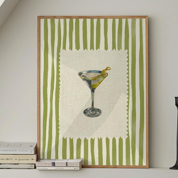 Martini Cocktail Glass Olive Watercolor Striped Bar Art Decor Poster