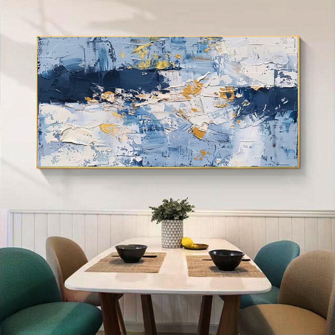 Deep Blue White and Gold Abstract Textured Canvas Artwork Poster - Image 2