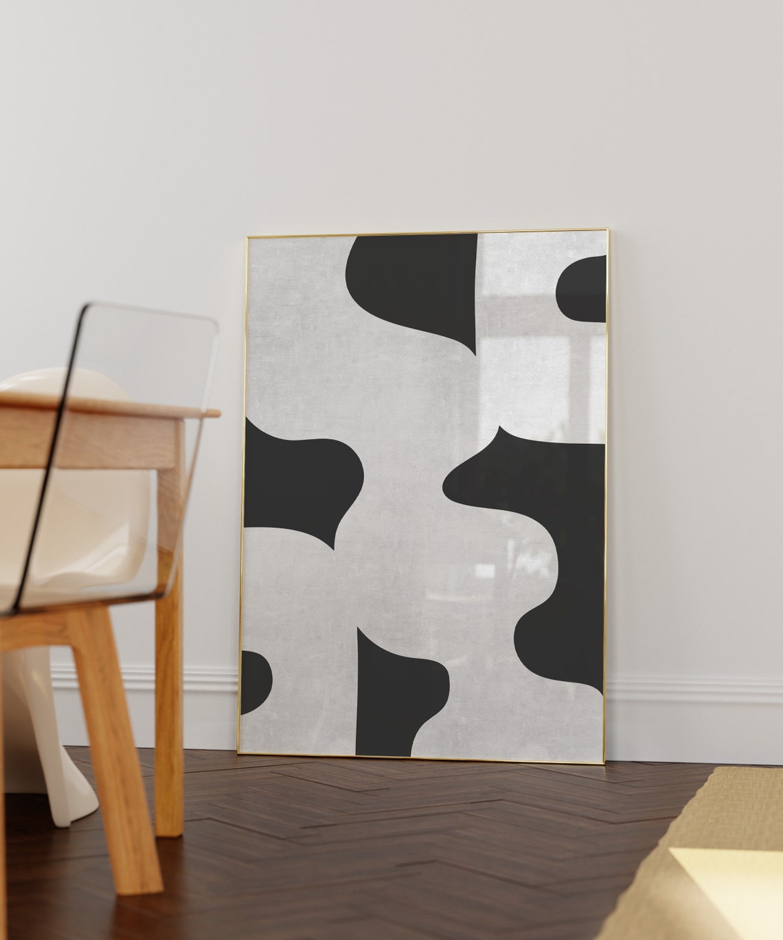 Black Organic Blobs on Soft Grey Mid Century Abstract Wall Art