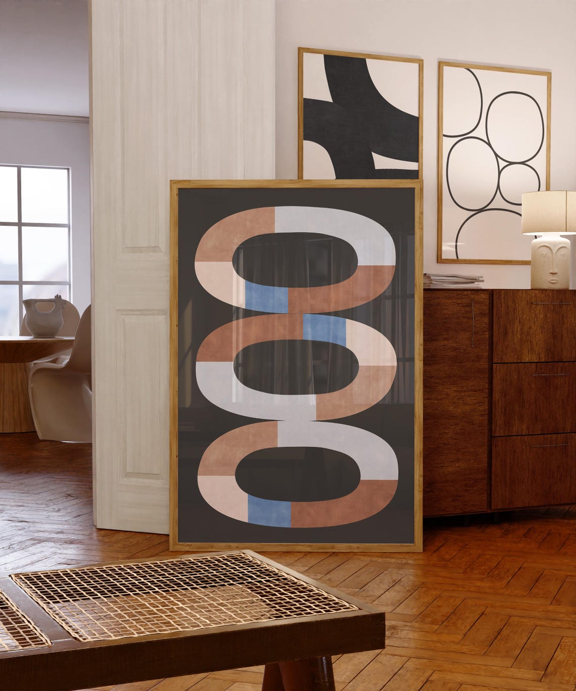 Terracotta White Blue Triple Oval Rings Charcoal Artwork Poster