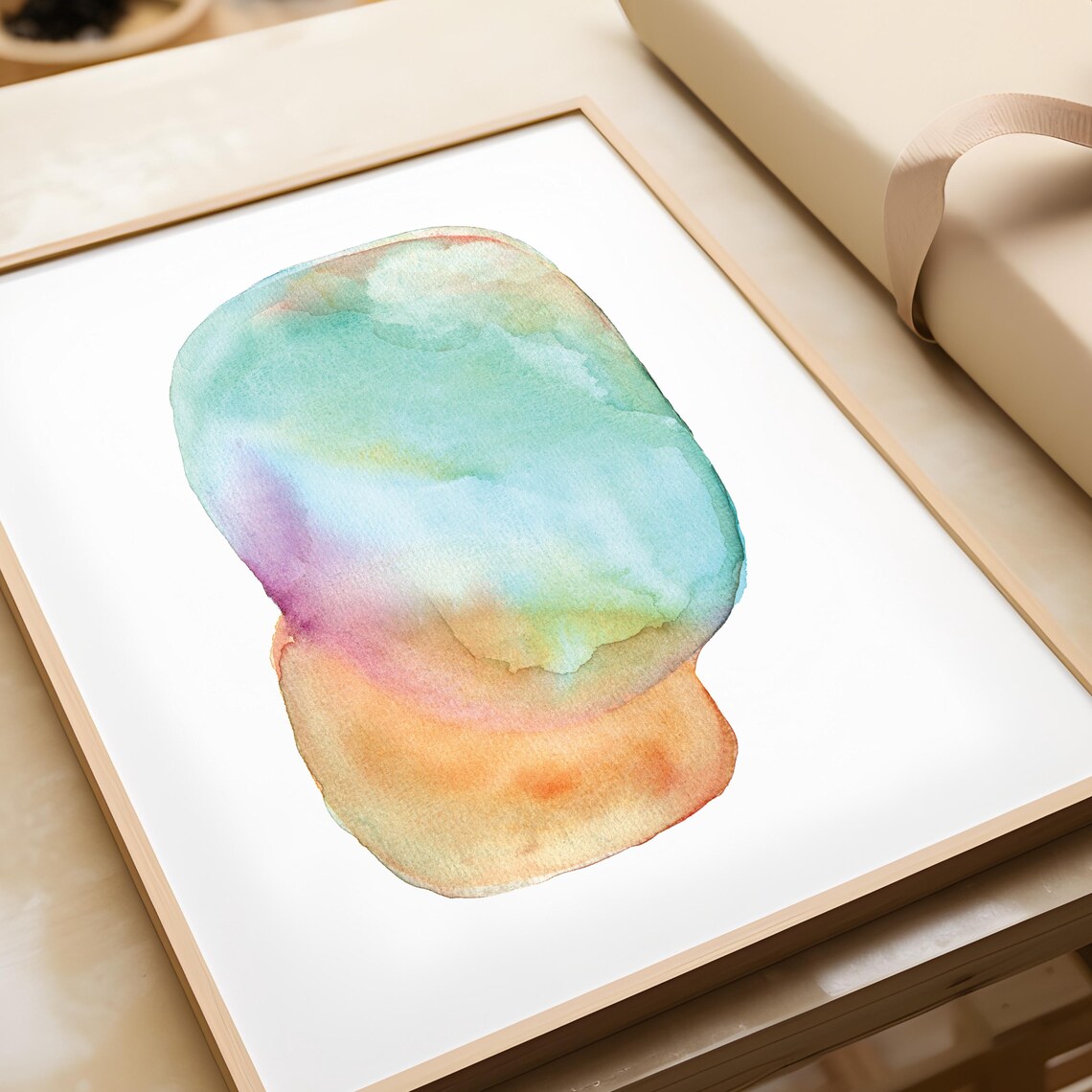 Turquoise and Ochre Watercolor Organic Oval Abstract Art Poster - Image 3